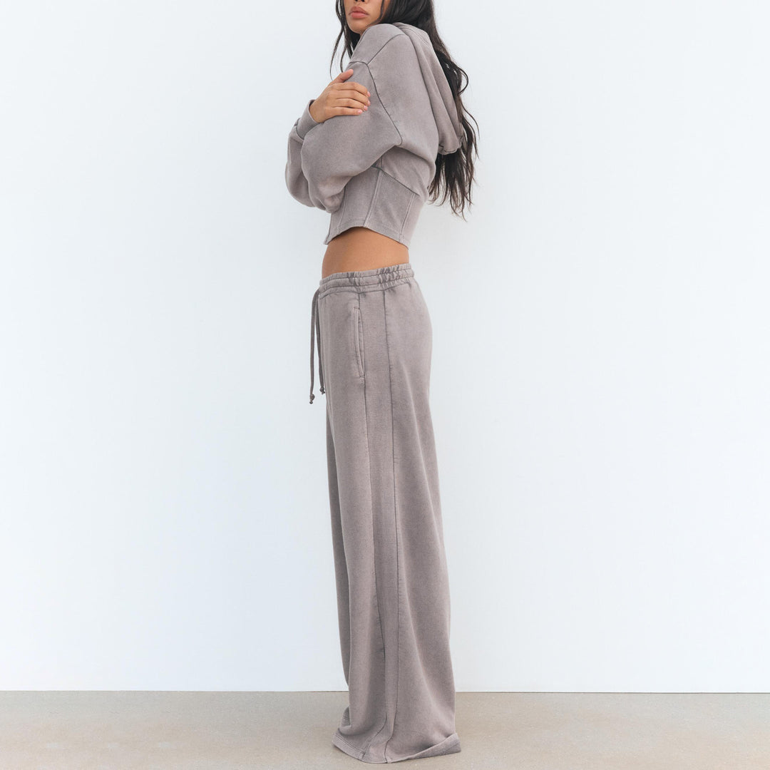Damen modischer Zweiteiler mit cropped Hoodie und weiten Hosen Drune