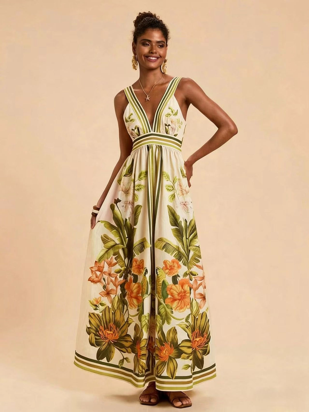 Damen Maxikleid mit tiefem V-Ausschnitt und floralem Design Drune