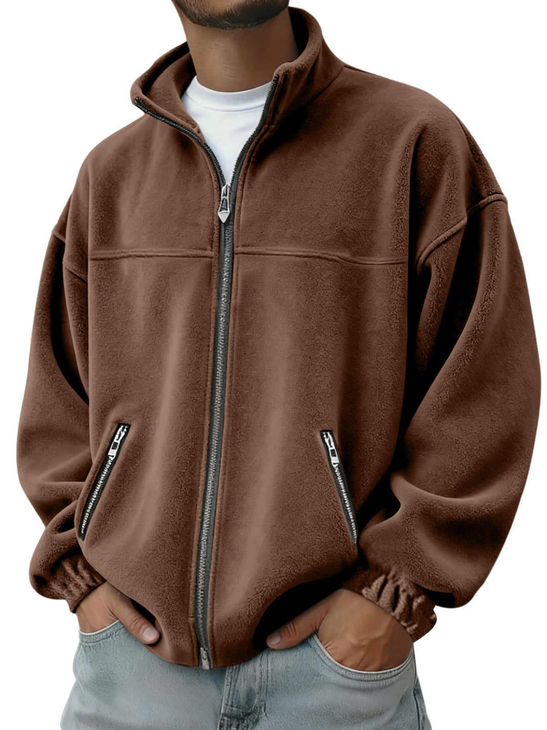 Herren Oversize Fleecejacke mit Stehkragen, durchgehendem Reißverschluss und Reißverschlusstaschen EB