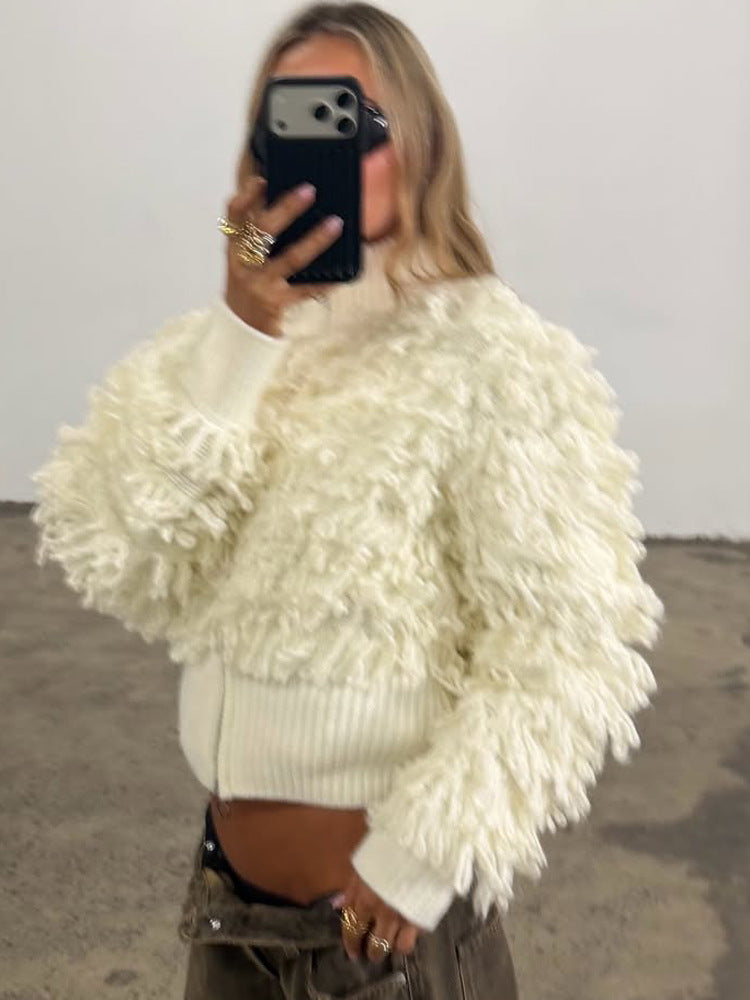 Damen Kurze Strickjacke mit puscheliger Bouclé-Optik, Reißverschluss und breitem Rippenbund Drune