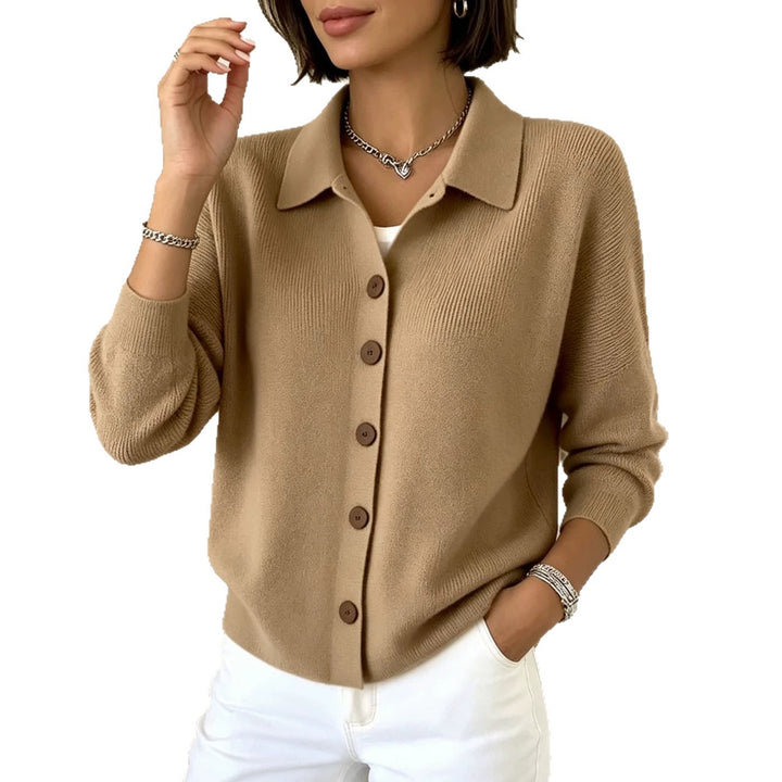 Damen Feinstrick-Cardigan mit Hemdkragen, entspannter Silhouette und Holzknöpfen Drune