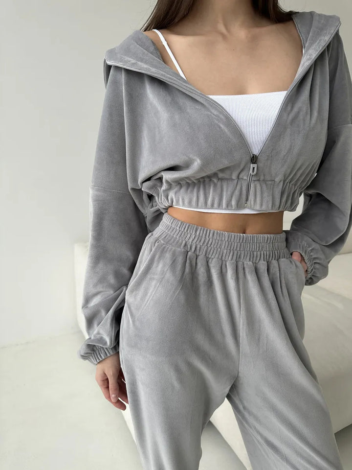 Damen luxuriöser Samt-Trainingsanzug mit geraffter Bomberjacke und High-Waist Jogginghose Drune