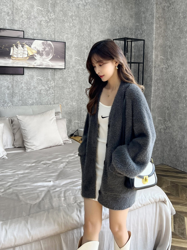 Damen Flauschige Strickjacke mit Taschen und breitem Revers Drune