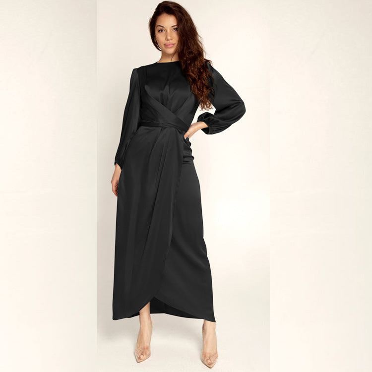 Damen Elegantes Maxikleid aus Satin mit Wickel-Detail, Langarm und Taillenband Drune