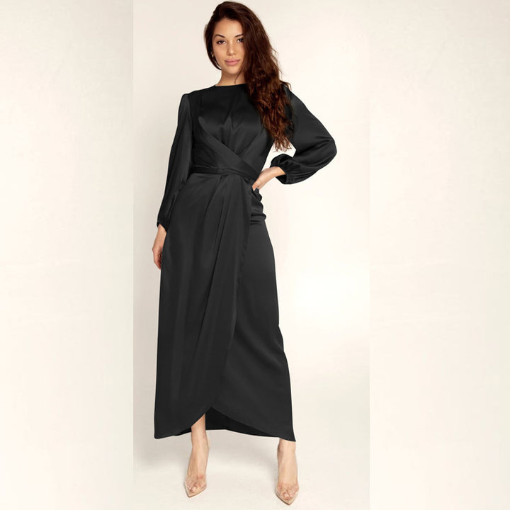 Damen Elegantes Maxikleid aus Satin mit Wickel-Detail, Langarm und Taillenband Drune