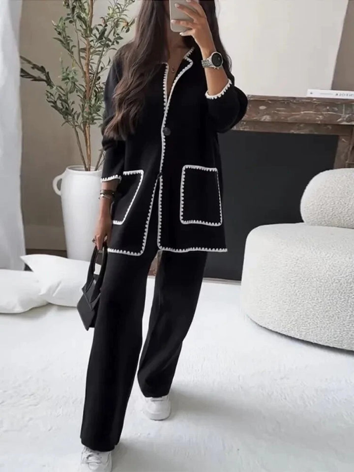 Damen Elegant geschnittene Blazerjacke mit kontrastierenden Details und weit geschnittenen Hosen Drune