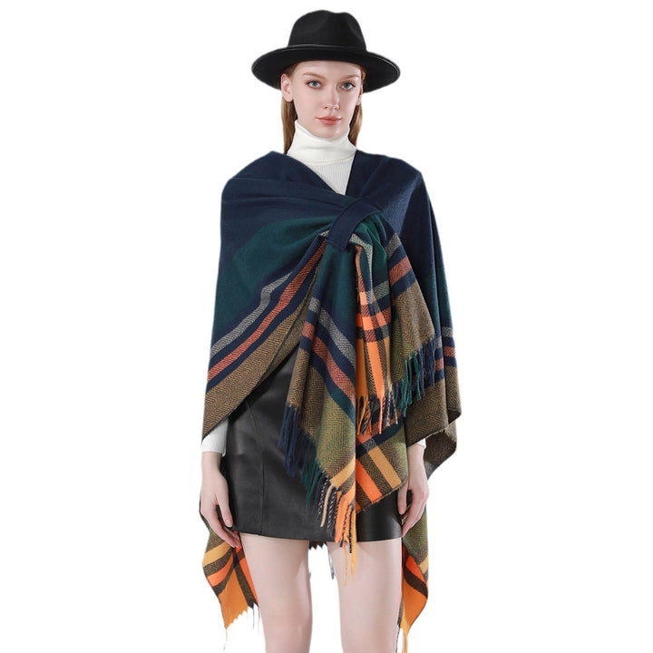Damen Cape-Umhang aus Wollmix mit Bindegürtel und Karodessin Drune