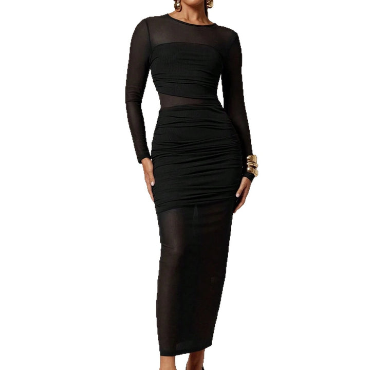 Damen nan schmalgeschnittenes Mesh-Midikleid mit langen Ärmeln, Taillenraffung und semitransparenter Rockbahn Drune
