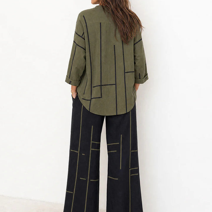 Damen Lockeres Hemdblusen- und Palazzo-Hose-Set aus Leinenoptik Drune