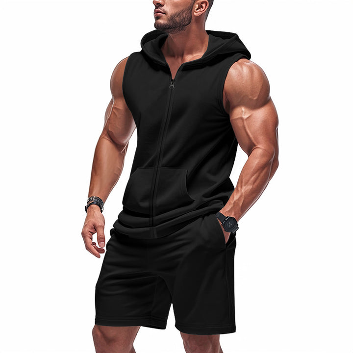 Herren nan sportliches Kapuzen-Set mit ärmelloser Sweatjacke, durchgehendem Reißverschluss und Trainingsshorts Drune
