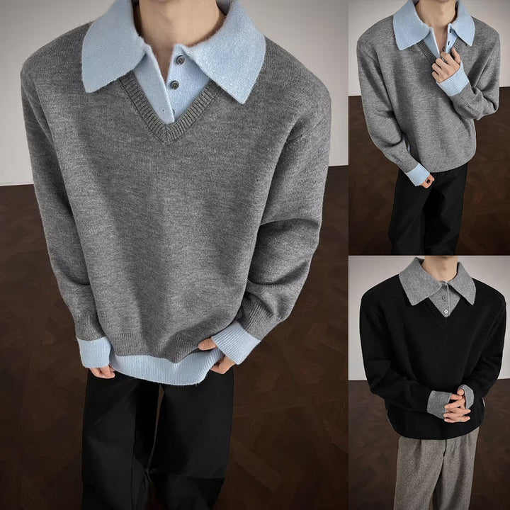 Herren Modischer Strickpullover mit V-Ausschnitt und Kontrastkragen Drune