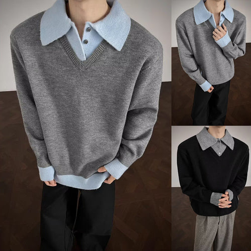 Herren Modischer Strickpullover mit V-Ausschnitt und Kontrastkragen Drune