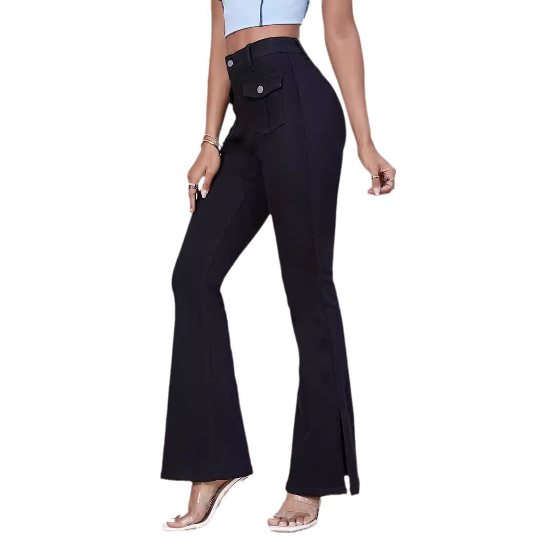 Damen High-Waist Schlaghose aus Stretch-Denim mit Taschenklappen und Frontschlitz Drune