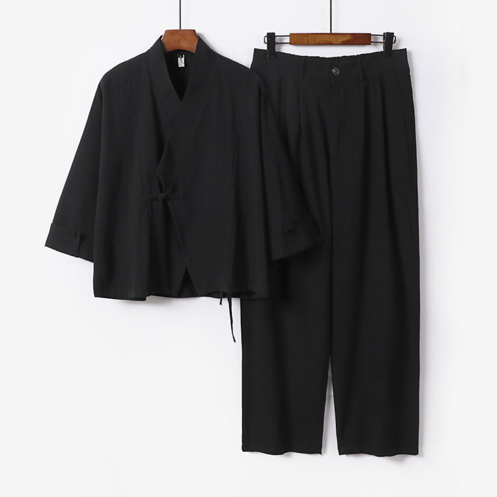 Herren Modernes Zen-Loungewear-Set aus Leichtem Material mit Kurz-Kimono und tailliert-zulaufender Bundhose Drune