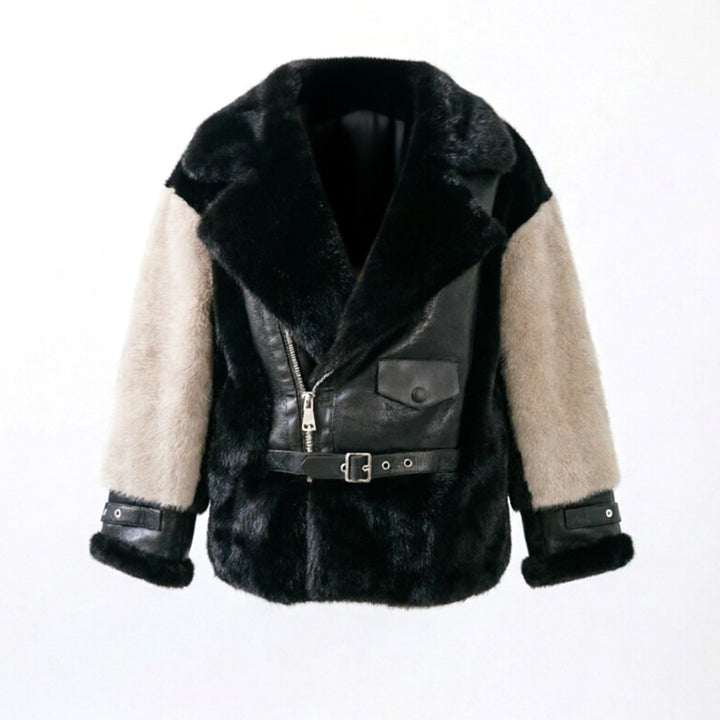 Damen Luxuriöse Kunstlederjacke mit Fellbesatz Drune