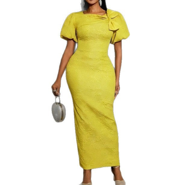 Damen figurumschmeichelndes Maxikleid mit Puffärmeln und Schleifen-Detail Drune
