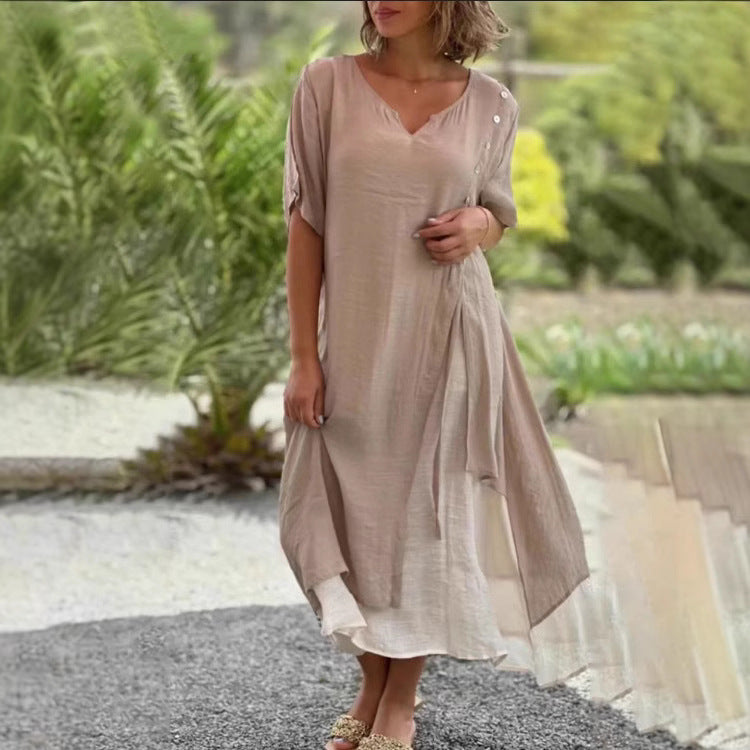 Damen nan zweilagiges Lagenkleid mit asymmetrischem Saum und Zierknopfleiste Drune