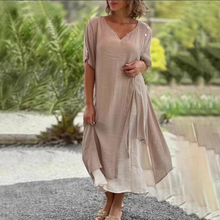Damen nan zweilagiges Hemdkleid mit asymmetrischem Lagenrock, seitlicher Zierknopfleiste und Tunnelzug Drune