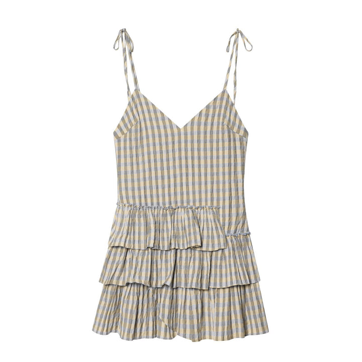 Damen luftiges V-Ausschnitt Sommerkleid mit Rüschen und verstellbaren Trägern Drune