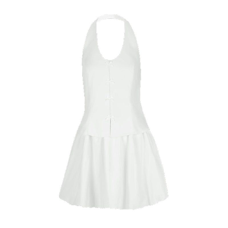 Damen Neckholder Kleid mit verspieltem Saum und raffinierten Knöpfen Drune
