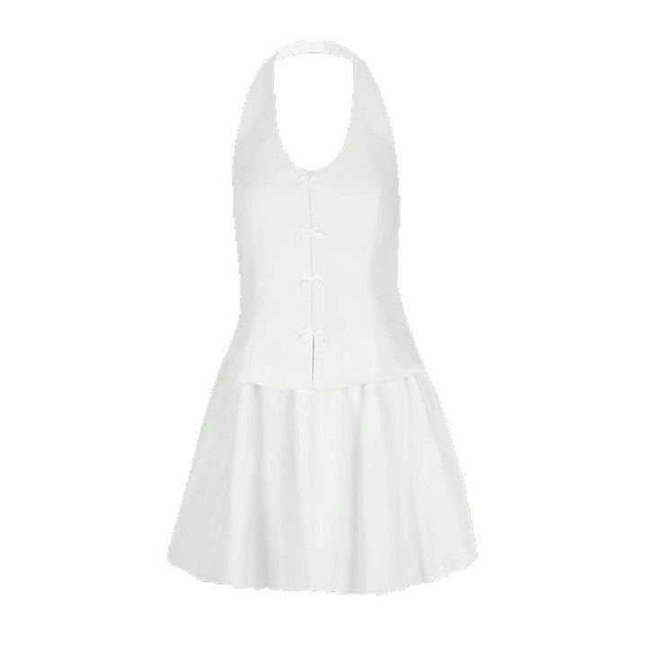 Damen Neckholder Kleid mit verspieltem Saum und raffinierten Knöpfen Drune