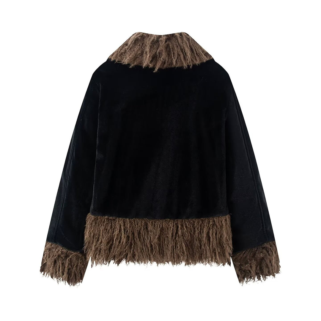 Damen Kurzjacke mit Faux‑Fellbesatz, Samtoptik und Fransenabschluss Drune