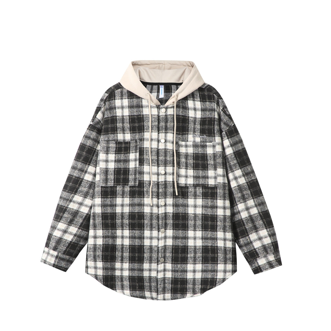 Unisex Oversized Karo-Hemdjacke mit Kapuze, Druckknöpfen und Brusttasche Drune