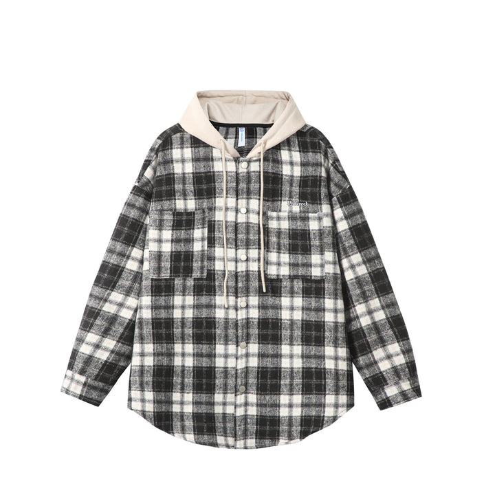 Unisex Oversized Karo-Hemdjacke mit Kapuze, Druckknöpfen und Brusttasche Drune