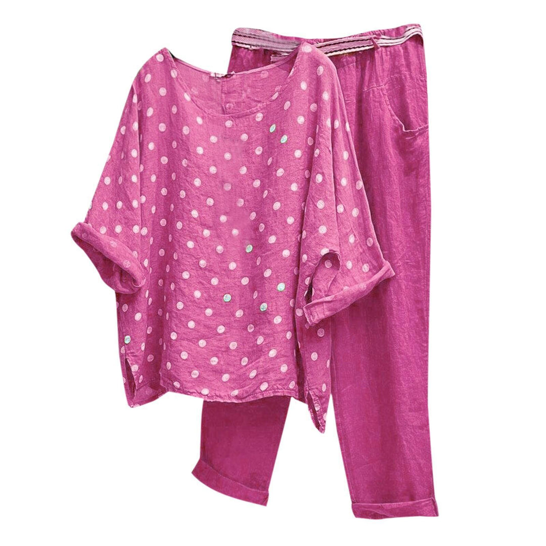 Damen nan Leinen-Loungewear-Set mit gepunkteter Oversize-Tunika und elastischer Bundhose Drune
