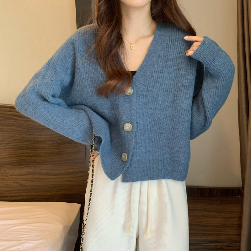 Damen lässige Strickjacke mit hochgeschlossenen Kragen und großen Knopfdetails Drune