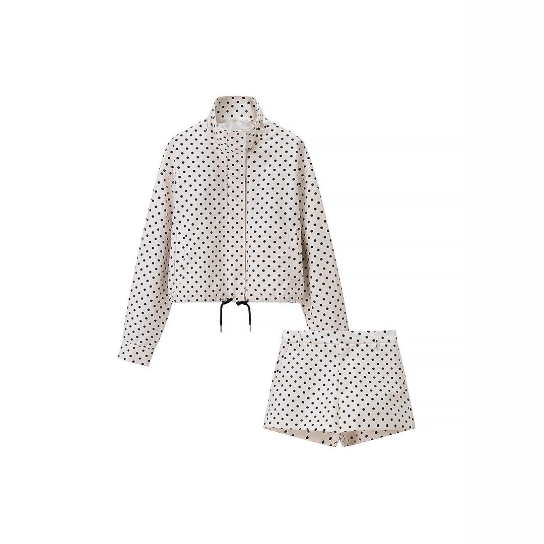 Damen Gepunktetes Satin-Loungewear-Set mit Oversize-Blazer und Kordel-Shorts Drune
