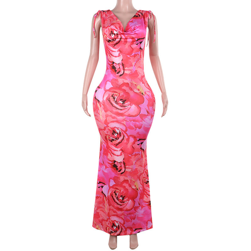 Damen figurbetontes Maxikleid mit floralem Design und elegantem Cowl-Ausschnitt Drune