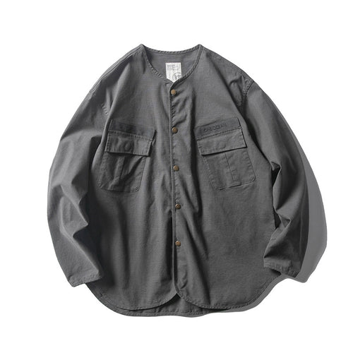 Unisex Kragenlose Overshirt-Jacke mit Druckknopfblende und aufgesetzten Brusttaschen Drune