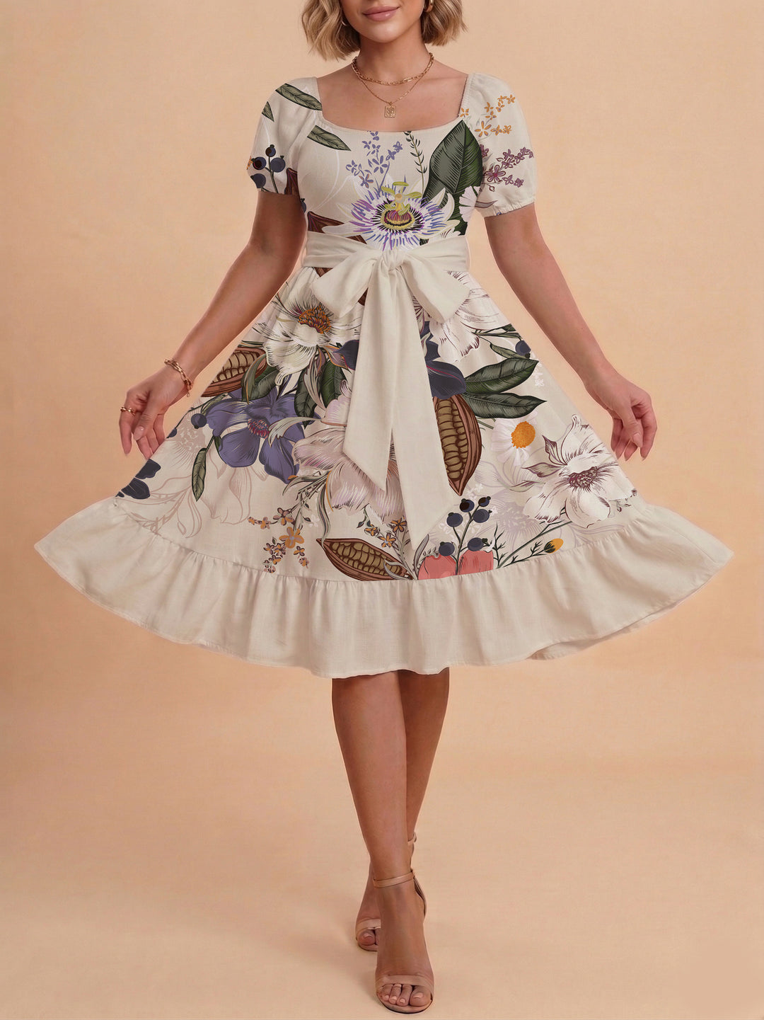 Damen Sommerliches Blumenkleid mit taillierbarem Gürtel und voluminösen Ärmeln Drune