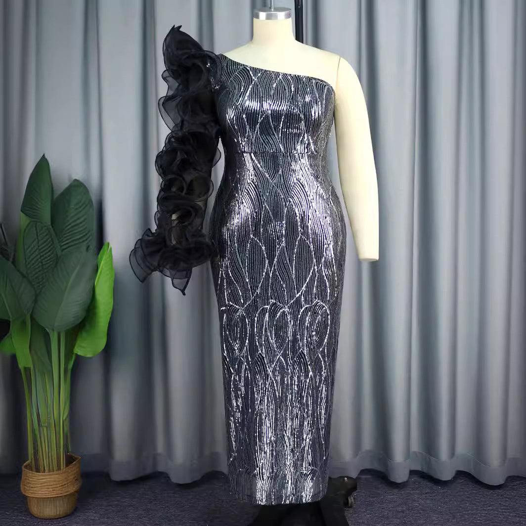 Damen Glamouröses Abendkleid mit schulterfreiem Design und voluminösen Rüschenärmel Drune
