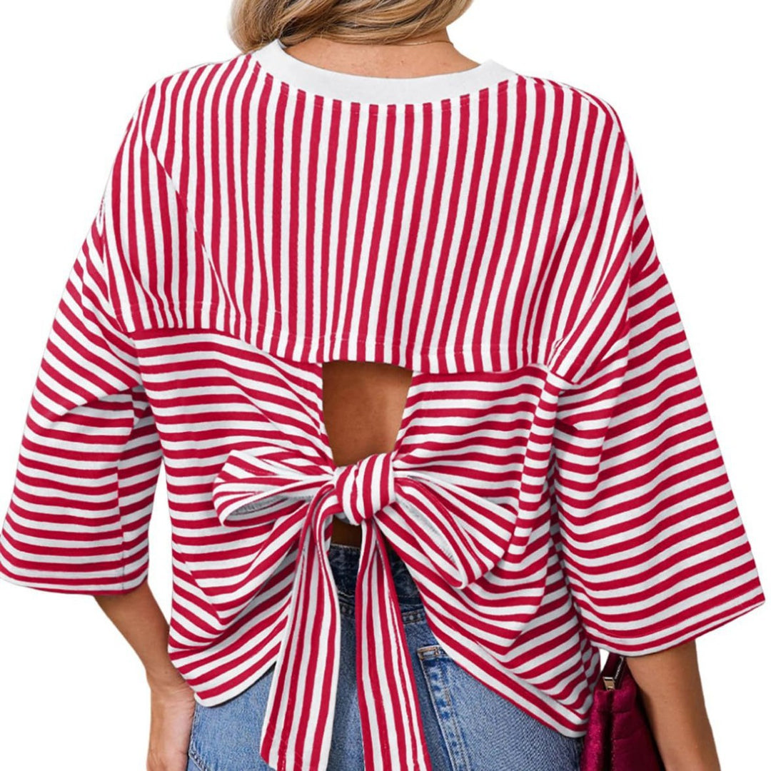 Damen Gestreiftes Oversize-Shirt mit Rückenausschnitt und Schleifenbindung Drune