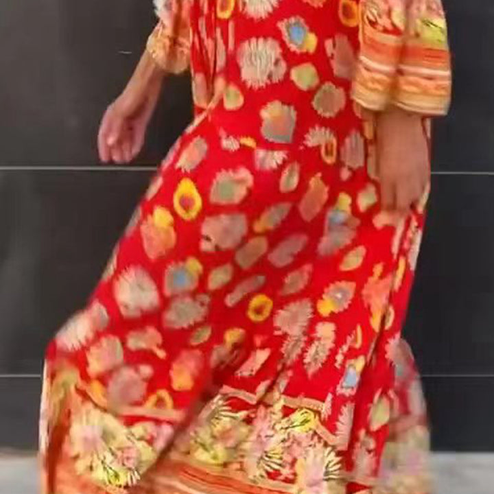 Damen nan luftiges Kaftan‑Midikleid mit folkloreinspiriertem Bordürenprint, V‑Ausschnitt, Quastenbändern und Volantglockenärmeln Drune