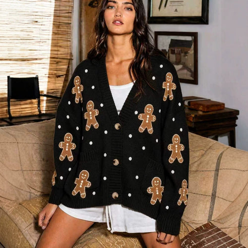 Damen nan oversized Strickcardigan mit Lebkuchenstickerei und tiefem V-Ausschnitt Drune