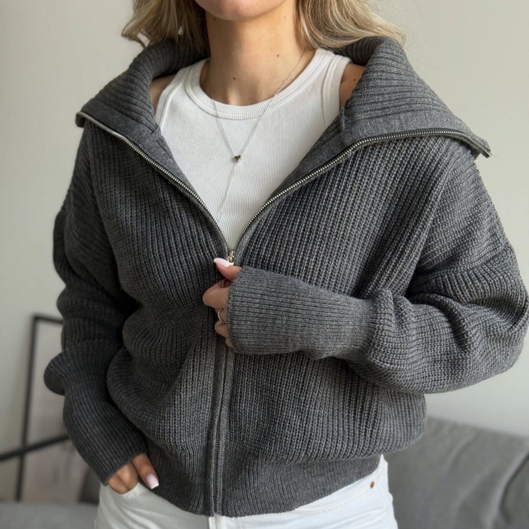 Damen Oversize Strickjacke mit Reißverschluss und hohem Kragen Drune