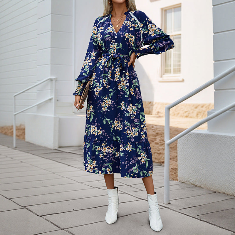 Damen Florales Langarmkleid mit Taillengürtel Drune