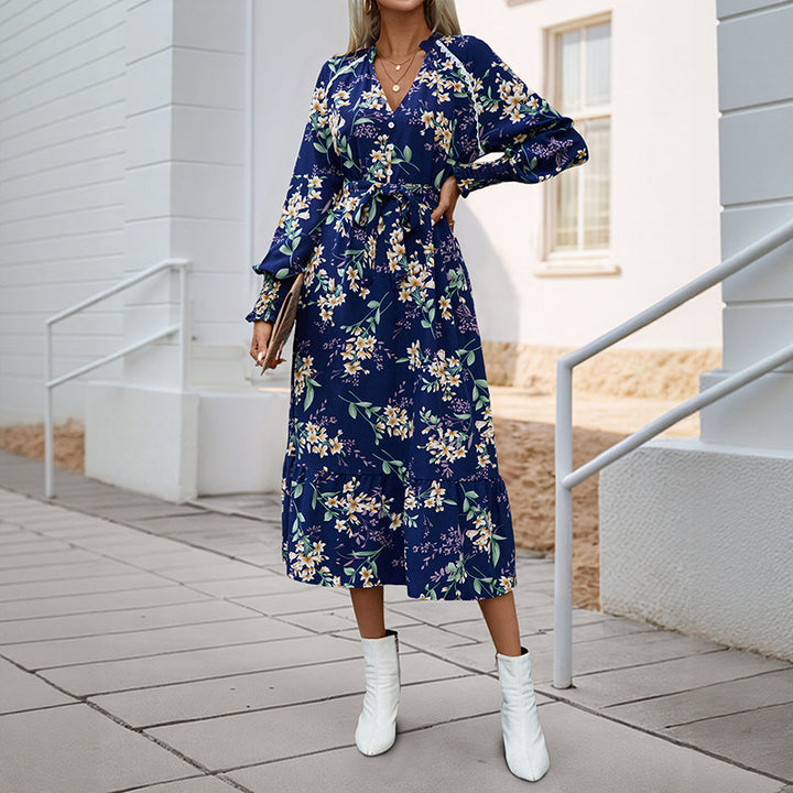 Damen Florales Langarmkleid mit Taillengürtel Drune
