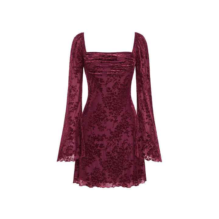 Damen Samt-Minikleid mit quadratischem Ausschnitt, gerafftem Bustier und ausgestellten Ärmeln Drune