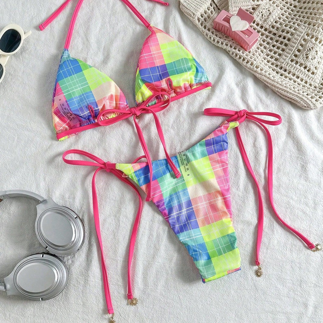 Damen Bunt karierter Triangel-Bikini mit seitlichen Bindebändern Drune
