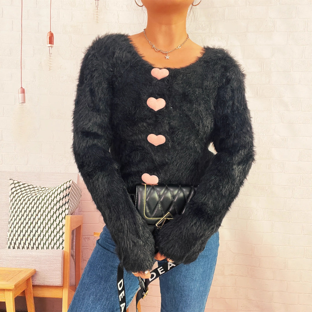 Damen flauschiger Cardigan mit Herzknöpfen Drune