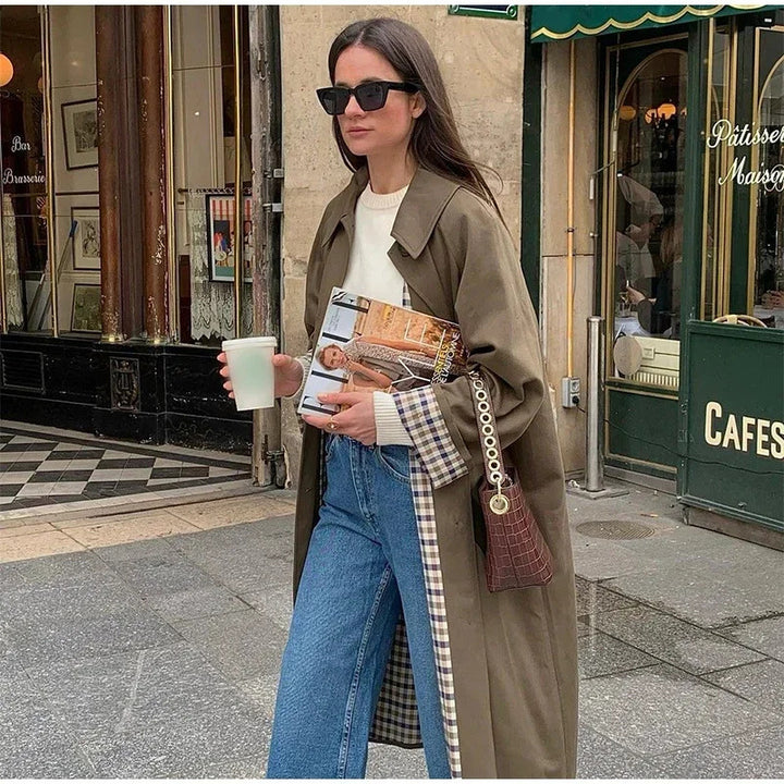 Damen 400+ lang geschnittener Trenchcoat mit Raglanärmeln und verdeckter Knopfleiste Drune