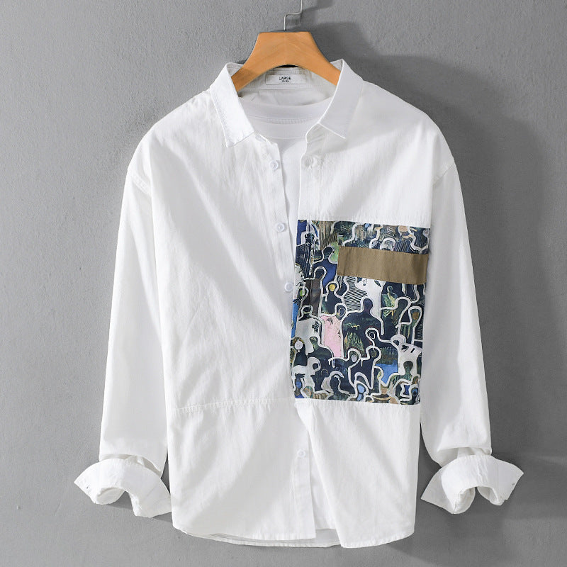 Herren Baumwollhemd mit großem Kunst-Print-Brustpatch und Kentkragen Drune
