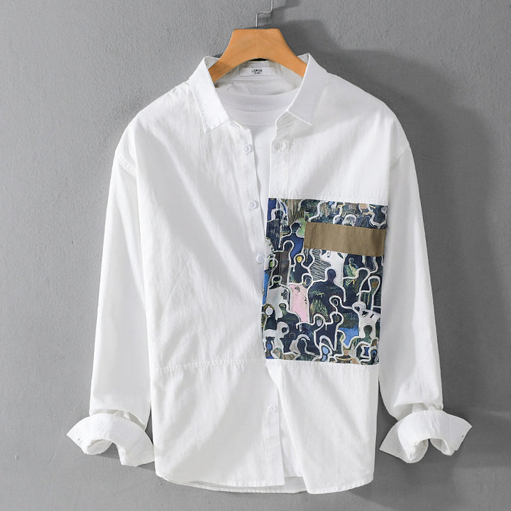 Herren Baumwollhemd mit großem Kunst-Print-Brustpatch und Kentkragen Drune