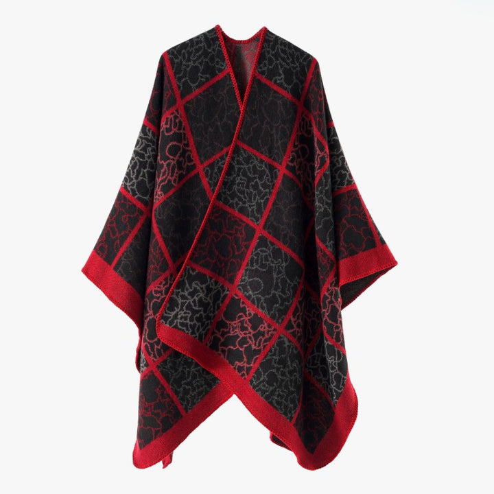Damen Cape‑Überwurf aus Wollmix mit grafischem Karo‑Jacquard und offener Kimono‑Silhouette Drune