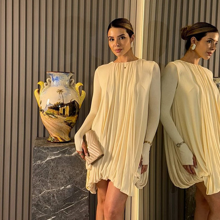 Damen Plissiertes Cocktail-Minikleid mit langen eng anliegenden Ärmeln und balloniertem Saum Drune