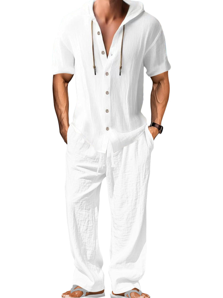 Herren nan luftiges Leinen-Lounge-Set mit kurzärmeligem Kapuzenhemd und gerader Relaxhose Drune